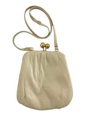 Vintage Cream Leather Kiss Lock Crossbody Bag Gold Frame 8x8